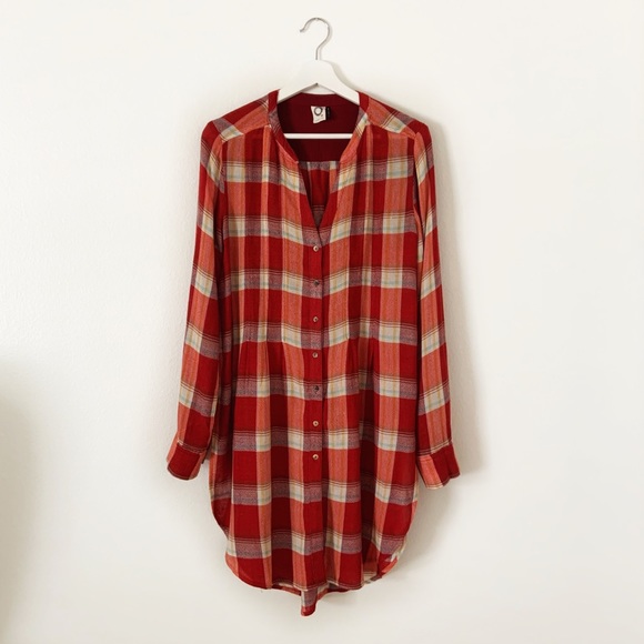 Anthro Akemi + Kin Red Plaid Long Sleeve Shirt Dress Small - Picture 3 of 8